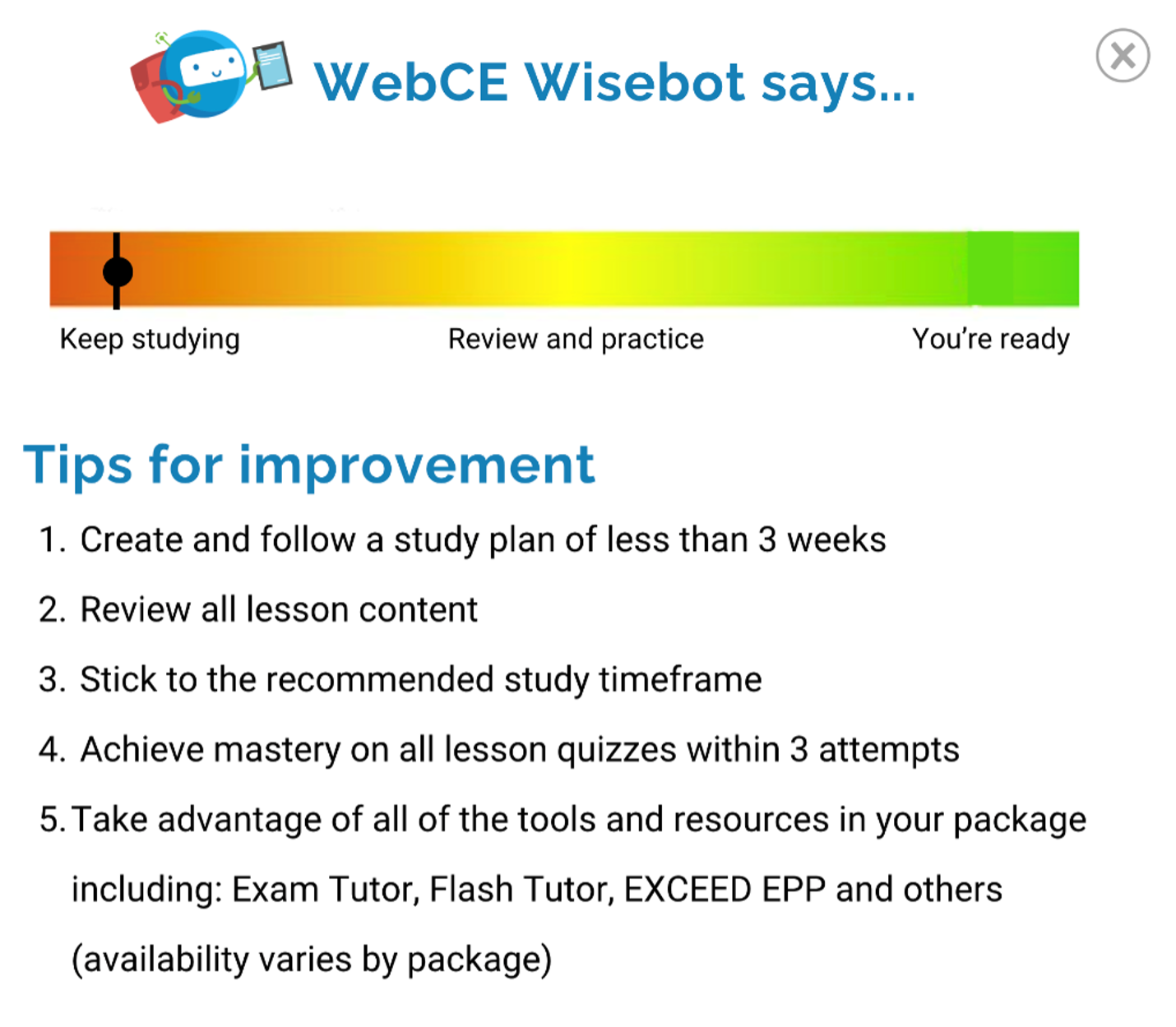 Example of an Exam Readiness Score of Keep Studying with Tips for Improvement